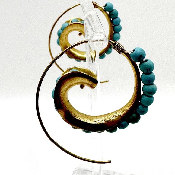 Ottoman Hands Bohemian Brass Turquoise Bead Hoop Earrings Boho Statement Jewelry - Picture 3 of 11